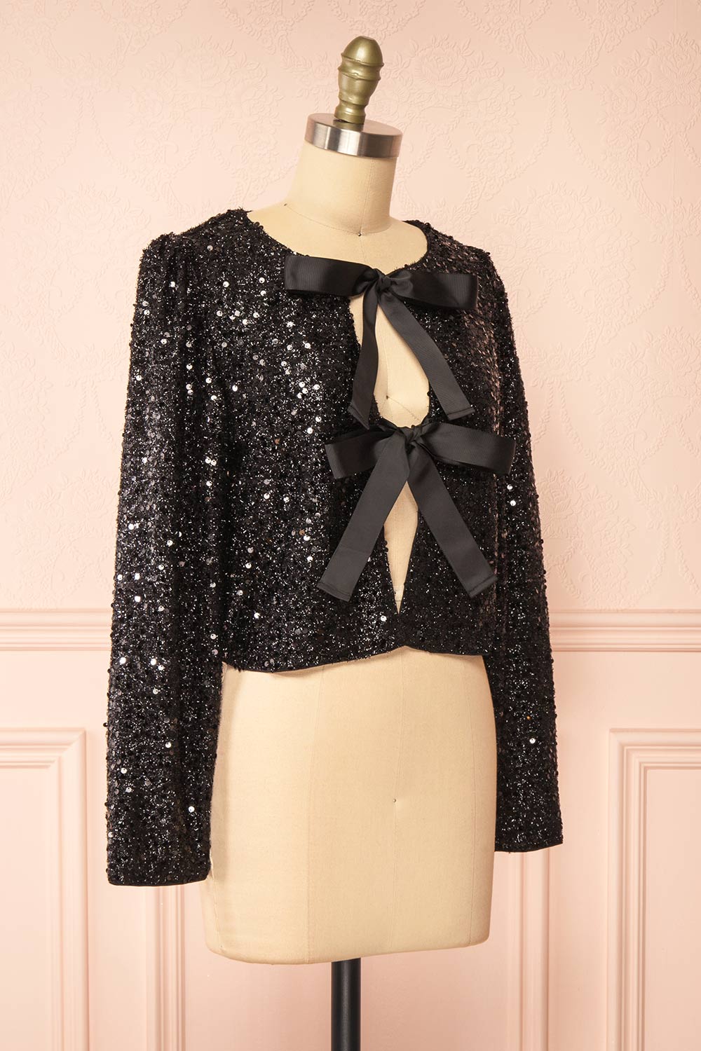 Maeline Black Sequins Cardigan w/ Bows | Boutique 1861 side view