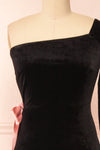 Maelise Black Velvet Maxi Dress w/ One Sleeve | Boutique 1861 front close-up