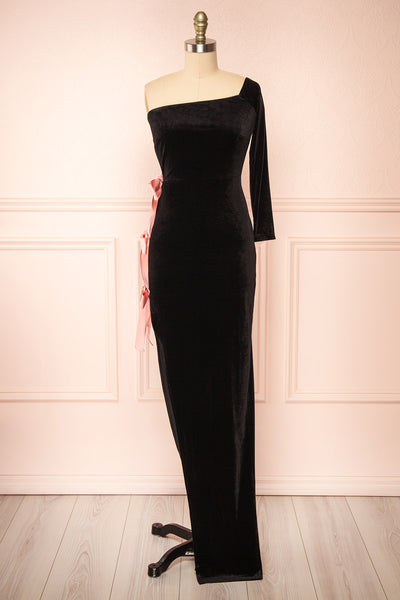 Maelise Black Velvet Maxi Dress w/ One Sleeve | Boutique 1861 front view