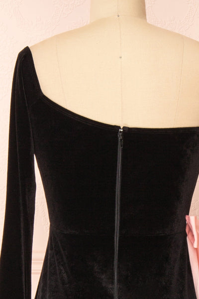 Maelise Black Velvet Maxi Dress w/ One Sleeve | Boutique 1861 back close-up