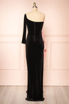 Maelise Black Velvet Maxi Dress w/ One Sleeve | Boutique 1861 back view