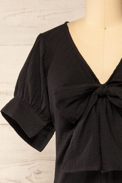 Maelle Black Midi Shirt Dress w/ Tied Neckline | La petite garçonne  front close-up