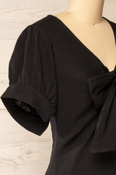 Maelle Black Midi Shirt Dress w/ Tied Neckline | La petite garçonne side close-up