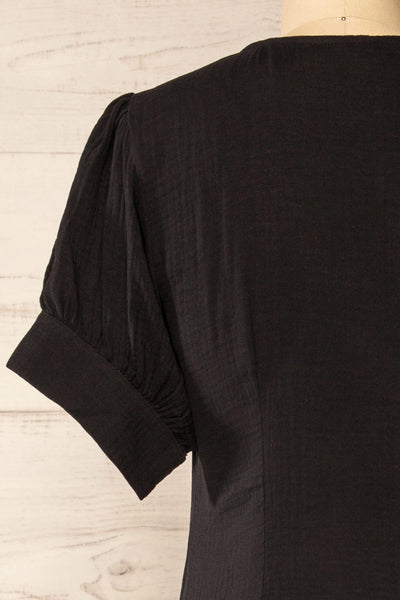 Maelle Black Midi Shirt Dress w/ Tied Neckline | La petite garçonne  back close-up