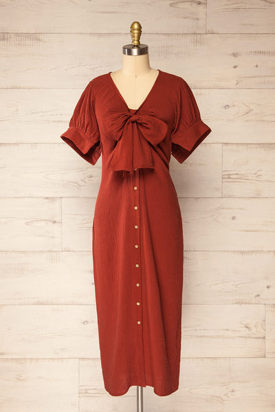 Maelle Rust Midi Shirt Dress w/ Tied Neckline | La petite garçonne front view