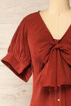 Maelle Rust Midi Shirt Dress w/ Tied Neckline | La petite garçonne front close-up