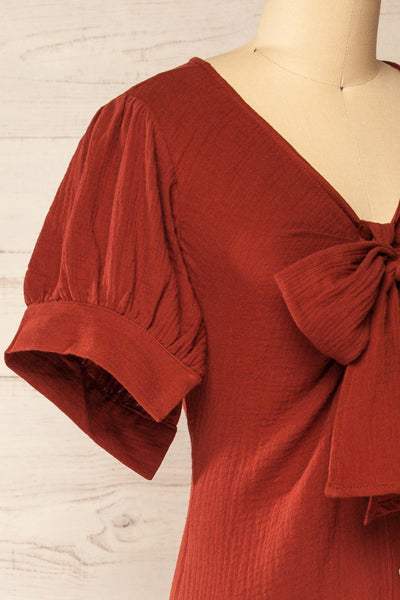 Maelle Rust Midi Shirt Dress w/ Tied Neckline | La petite garçonne side close-up