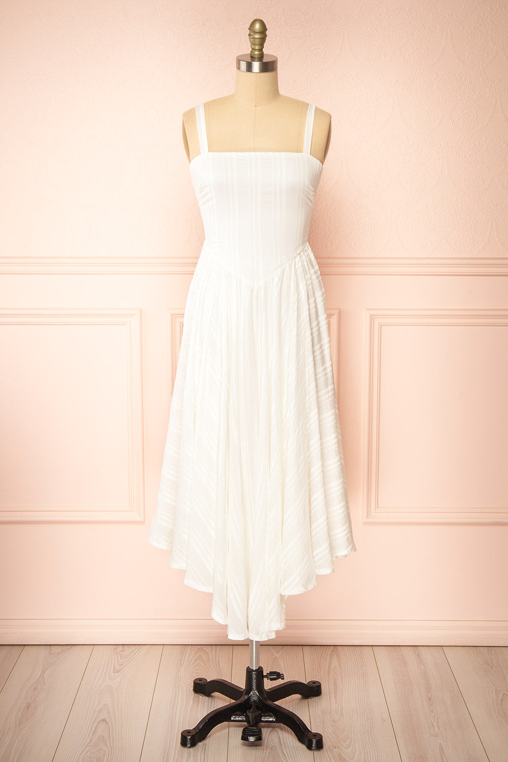 Magdalene Striped White Dress w/ Asymmetrical Hem | Boutique 1861 front view