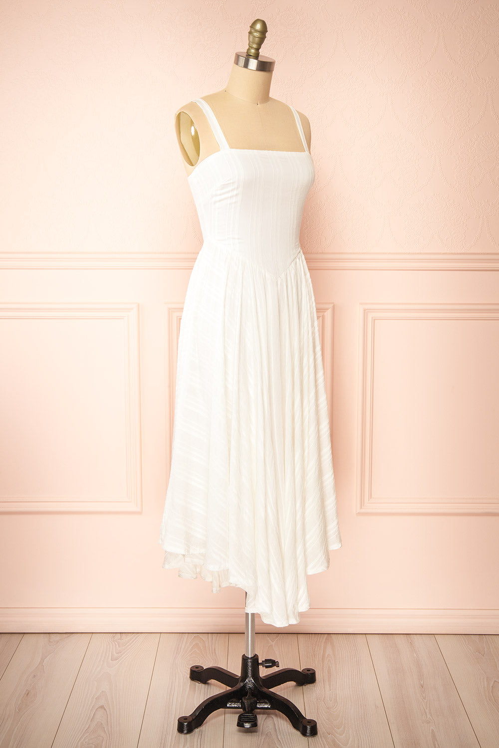 Magdalene Striped White Dress w/ Asymmetrical Hem | Boutique 1861 side view