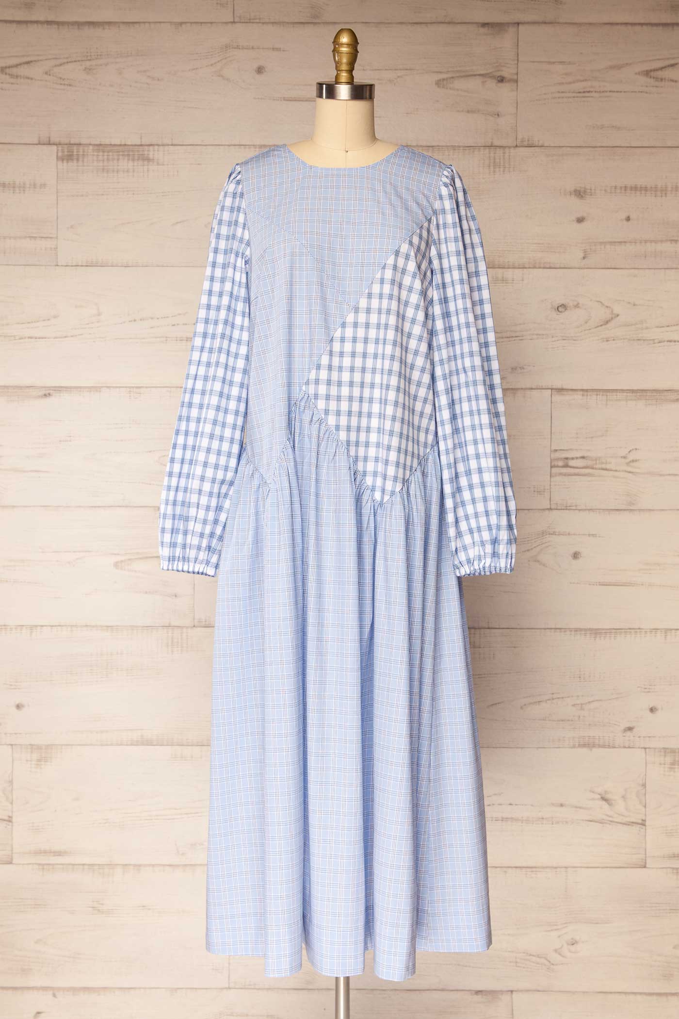 Mahaicony Blue Long Sleeve Gingham Patchwork Maxi Dress | La petite garçonne front view