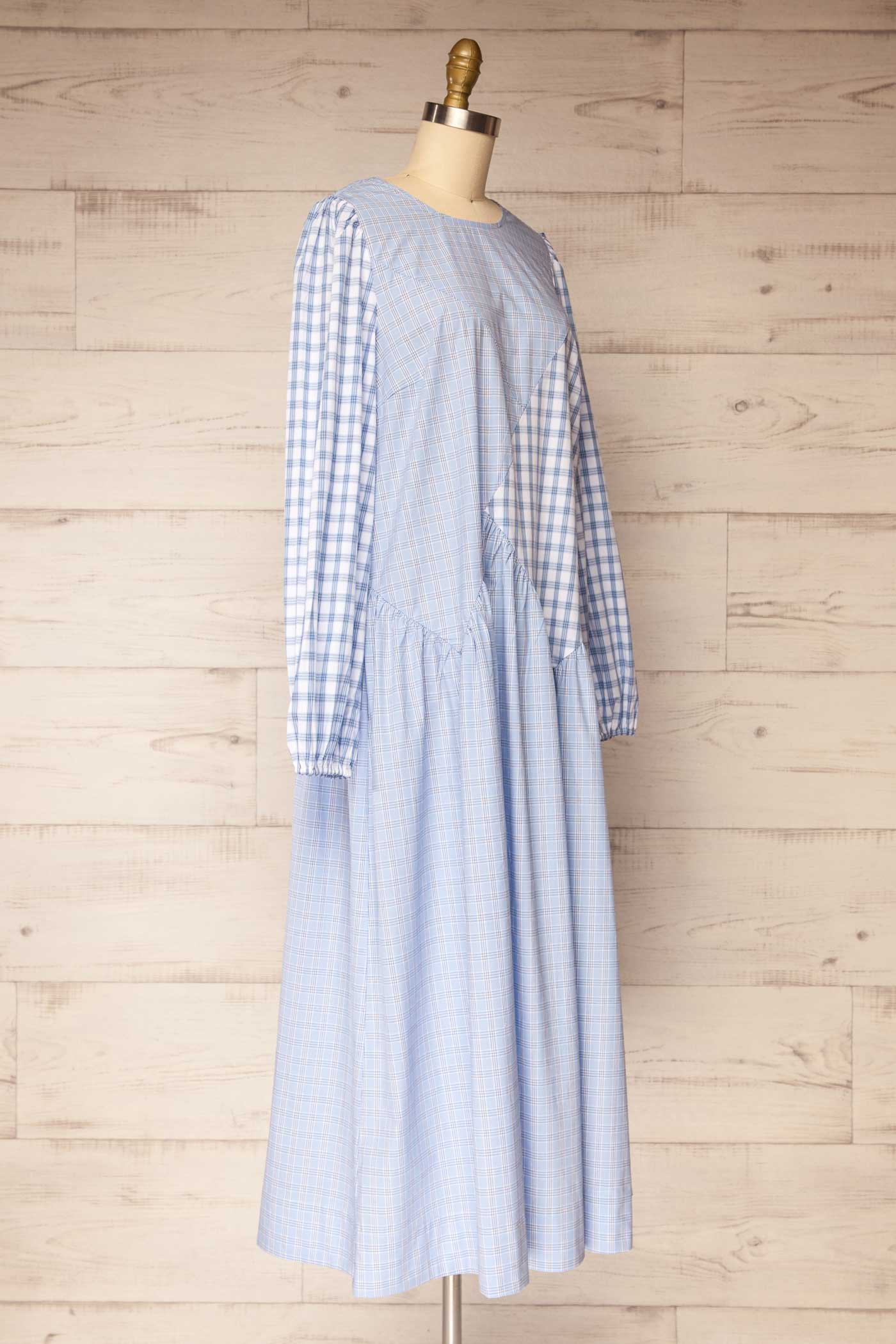 Mahaicony Blue Long Sleeve Gingham Patchwork Maxi Dress | La petite garçonne side view