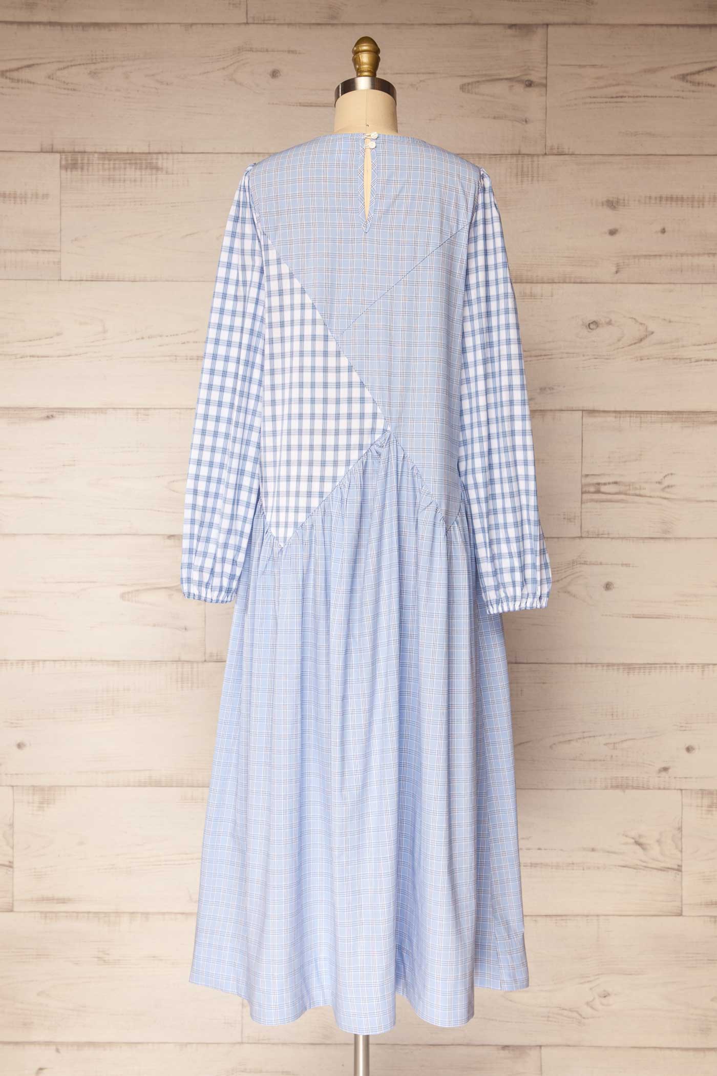 Mahaicony Blue Long Sleeve Gingham Patchwork Maxi Dress | La petite garçonne back view