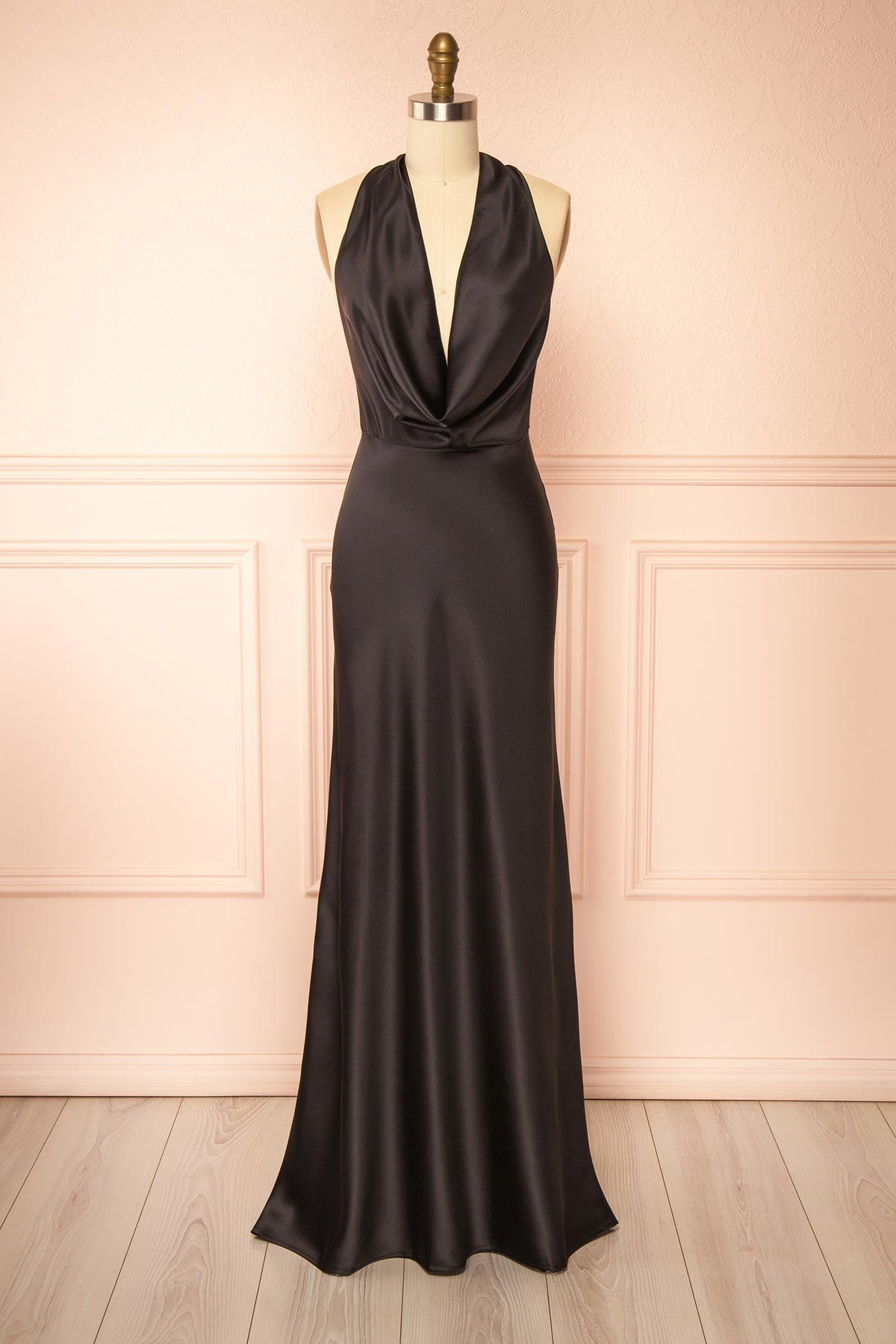 front view of Maka Black Satin Maxi Dress with Open Back at Boutique 1861 