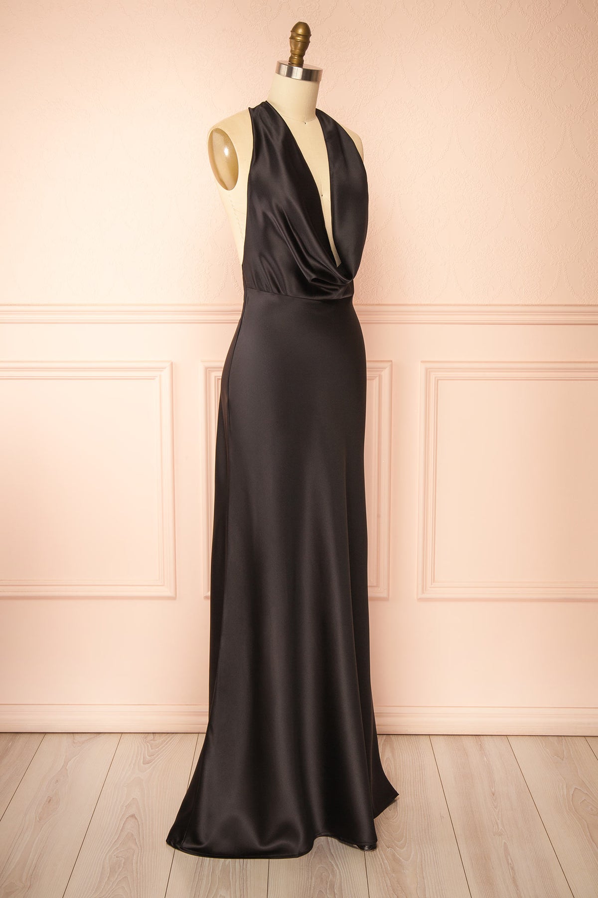 side view of Maka Black Satin Maxi Dress with Open Back at Boutique 1861 