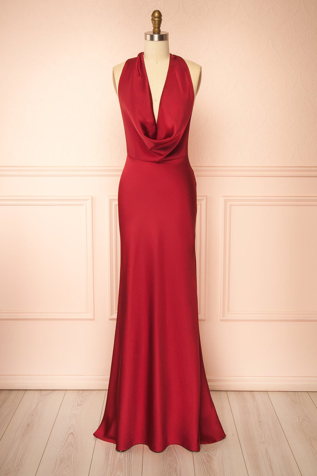 Front view of Maka Burgundy Satin Maxi Dress with Open Back at Boutique 1861 