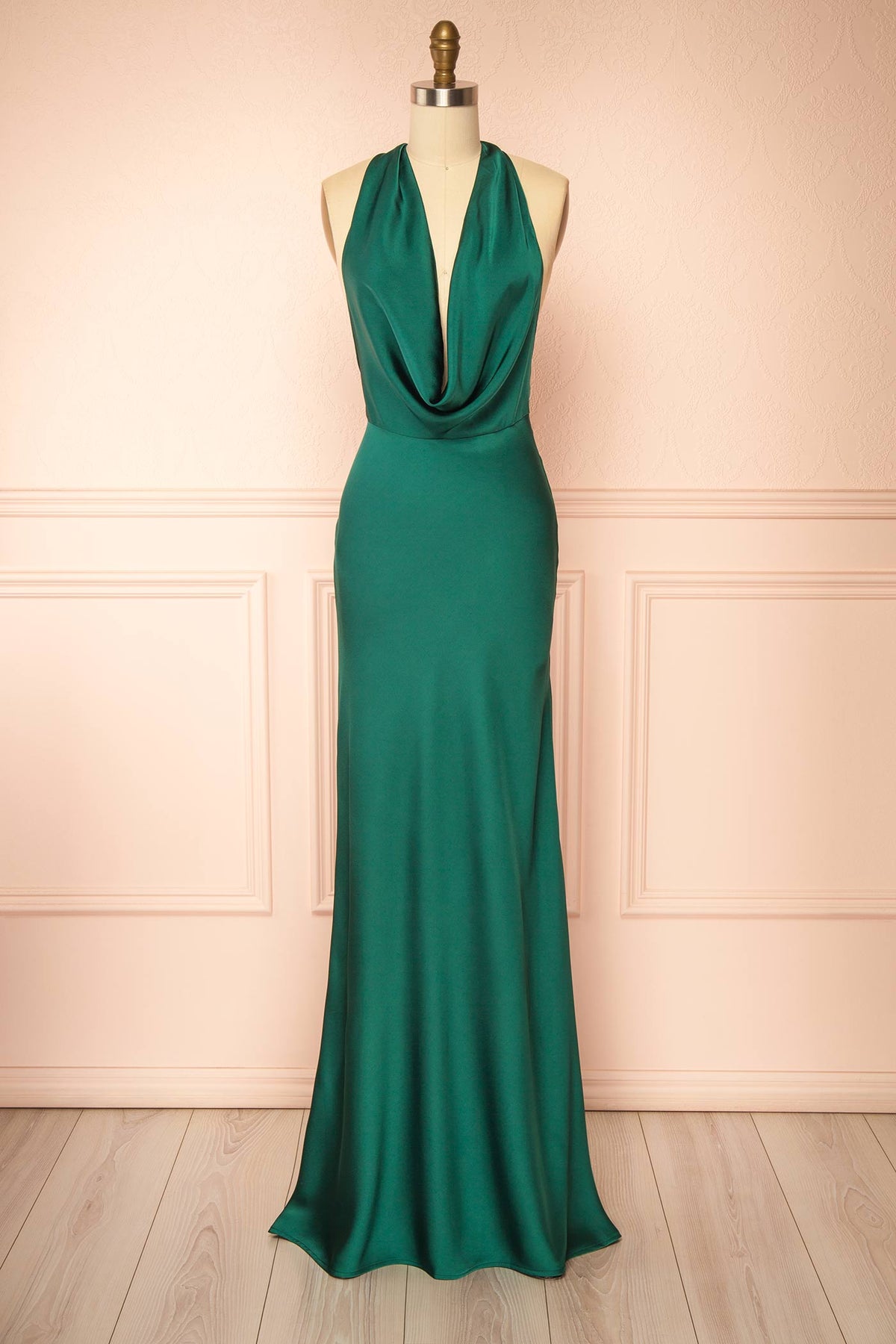 Front view of Maka Green Satin Maxi Dress with Open Back at Boutique 1861 