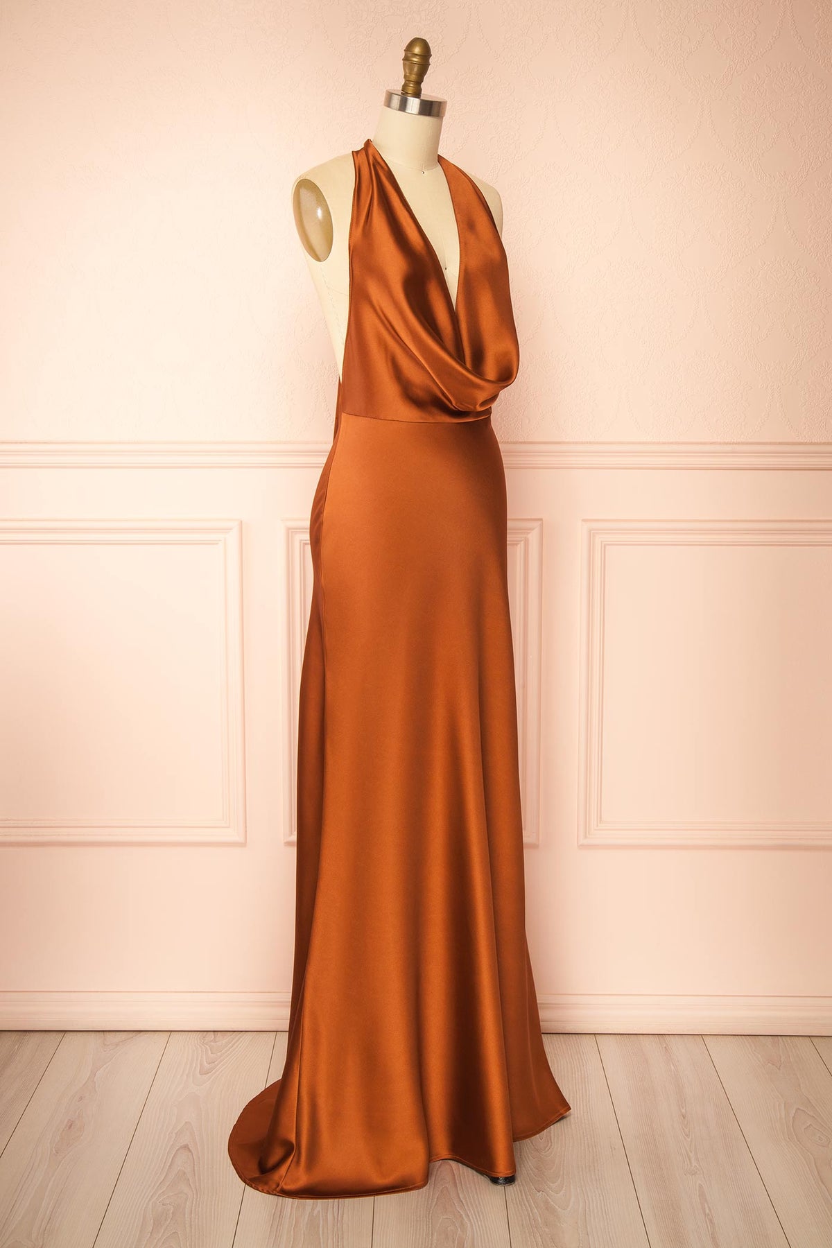 side view of Maka Rust Satin Maxi Dress with Open Back at Boutique 1861