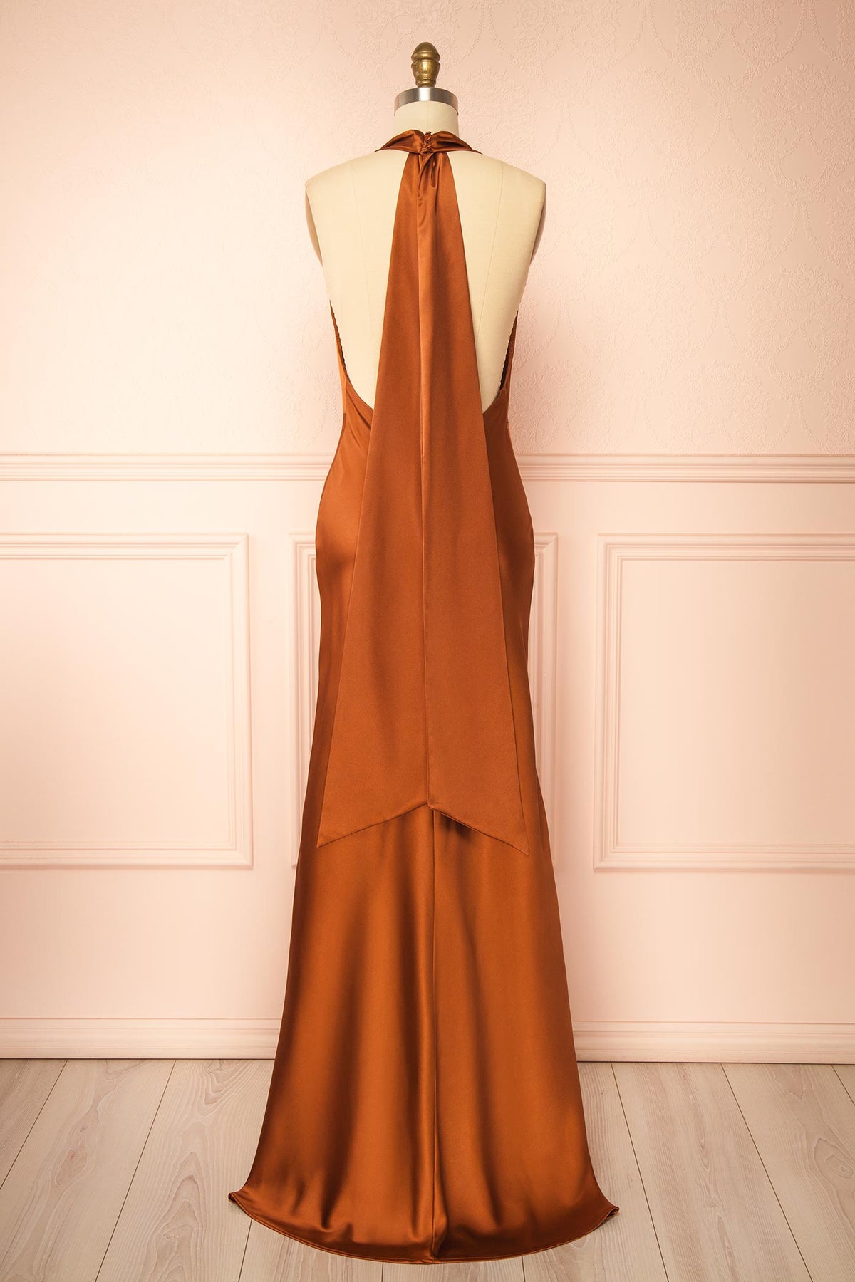back view of Maka Rust Satin Maxi Dress with Open Back at Boutique 1861