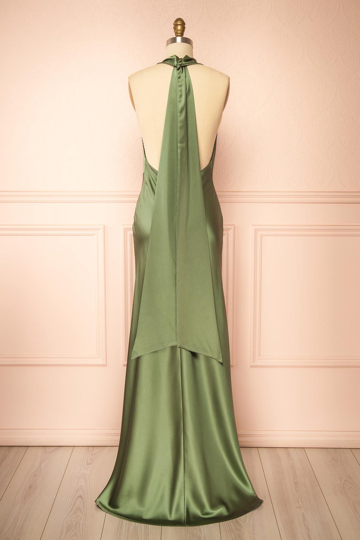 back view of Maka Sage Satin Maxi Dress with Open Back at Boutique 1861