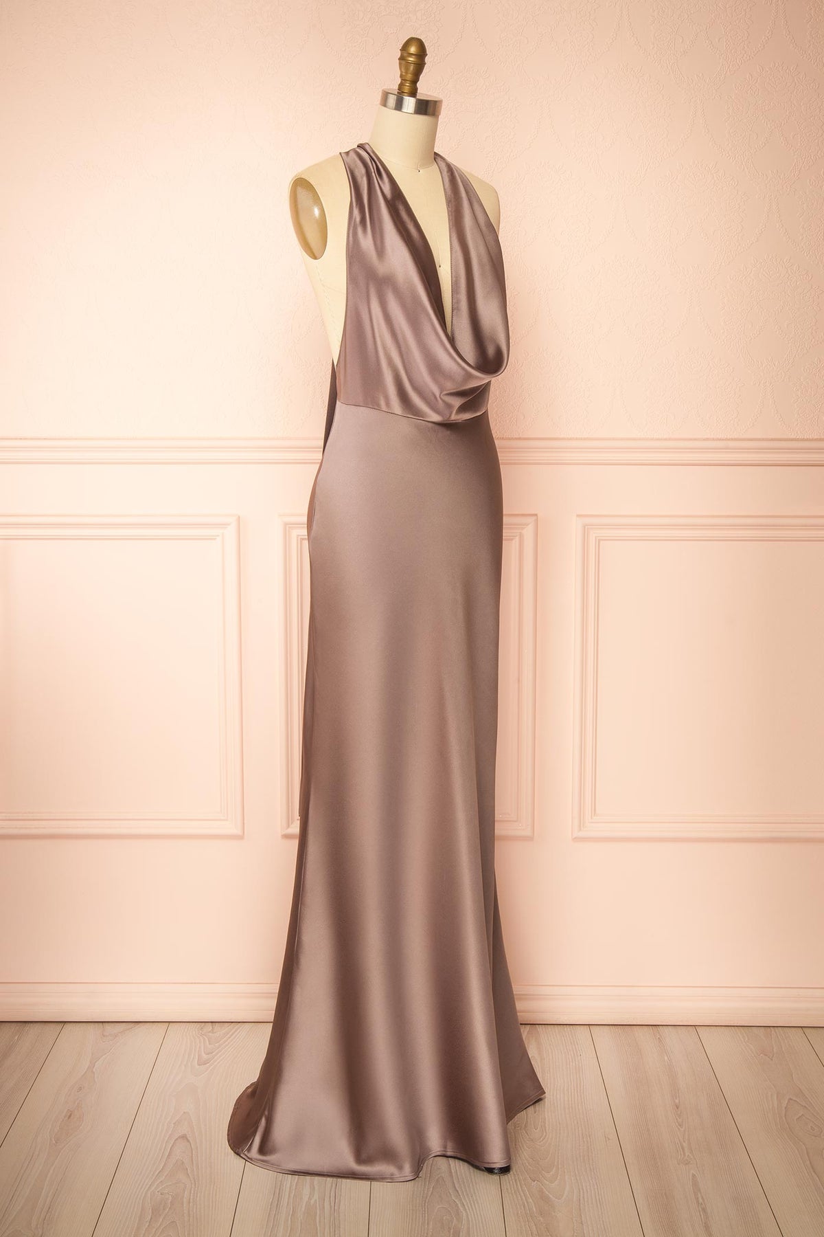 side view of Maka Taupe Satin Maxi Dress with Open Back at Boutique 1861