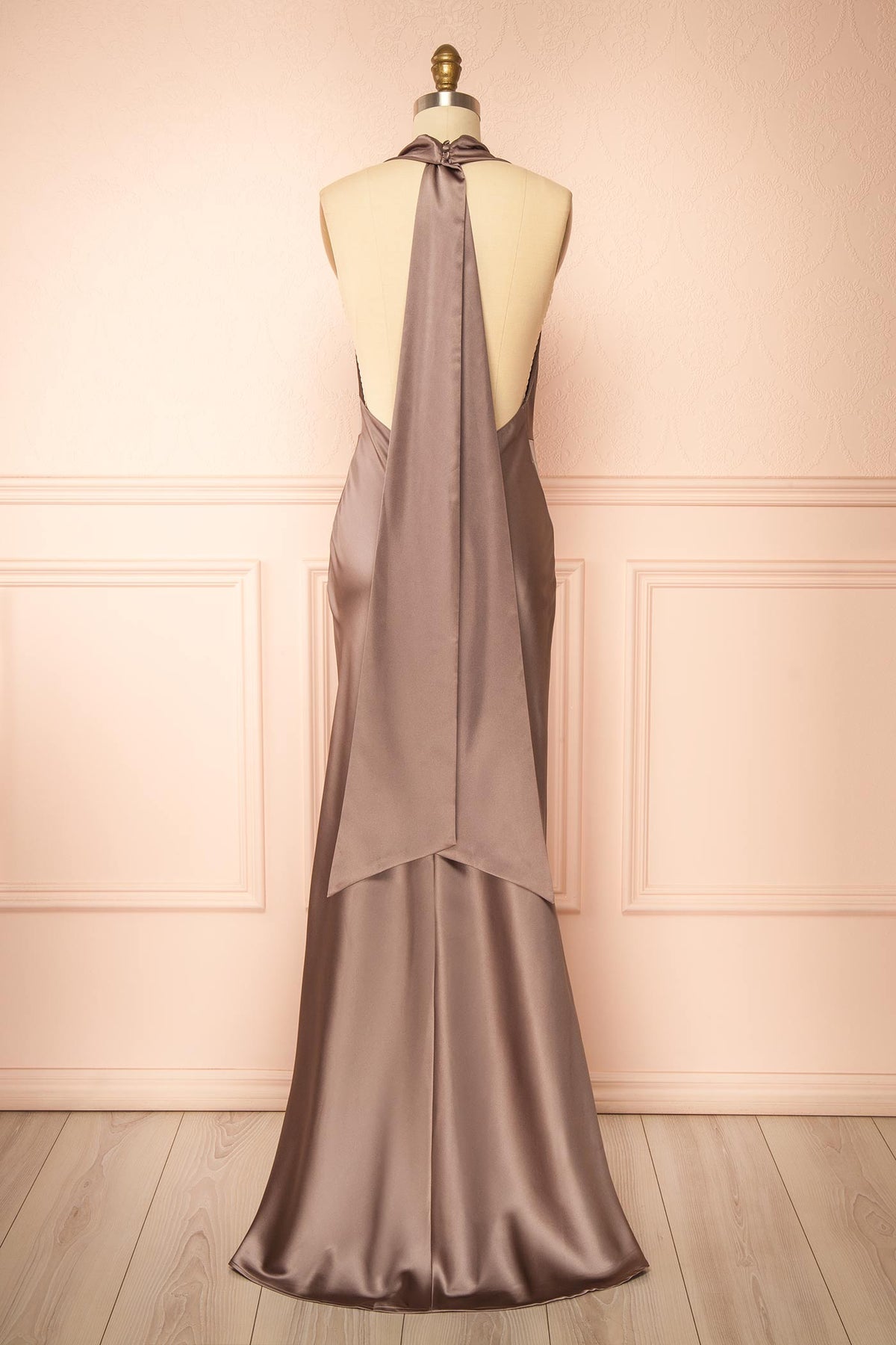 back view of Maka Taupe Satin Maxi Dress with Open Back at Boutique 1861