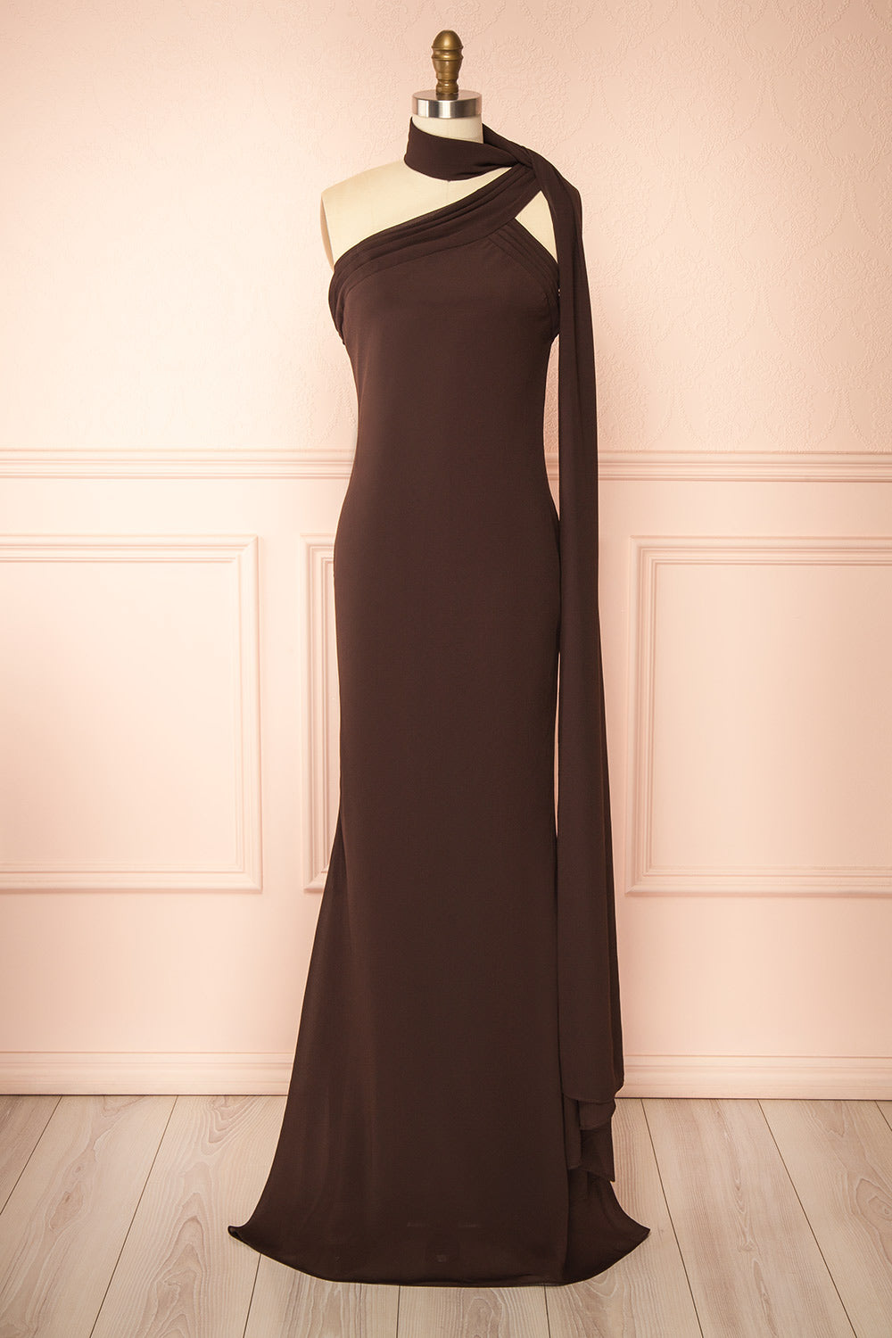 Makarim Maxi Brown One Shoulder Dress | Boutique 1861 front neck view
