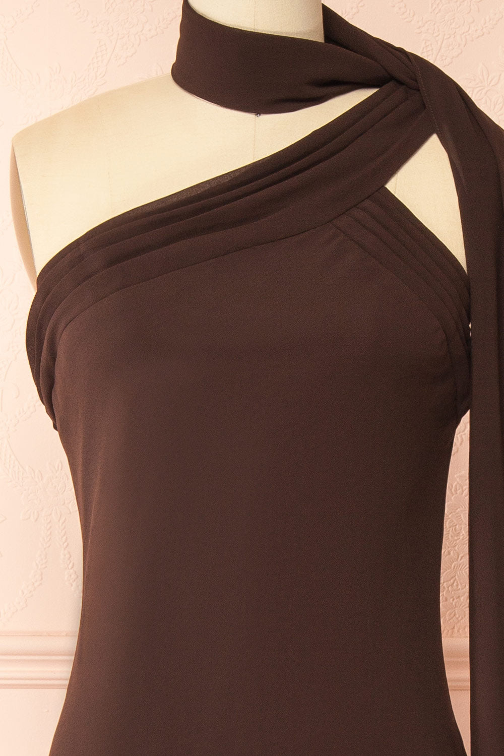 Makarim Maxi Brown One Shoulder Dress | Boutique 1861 front neck