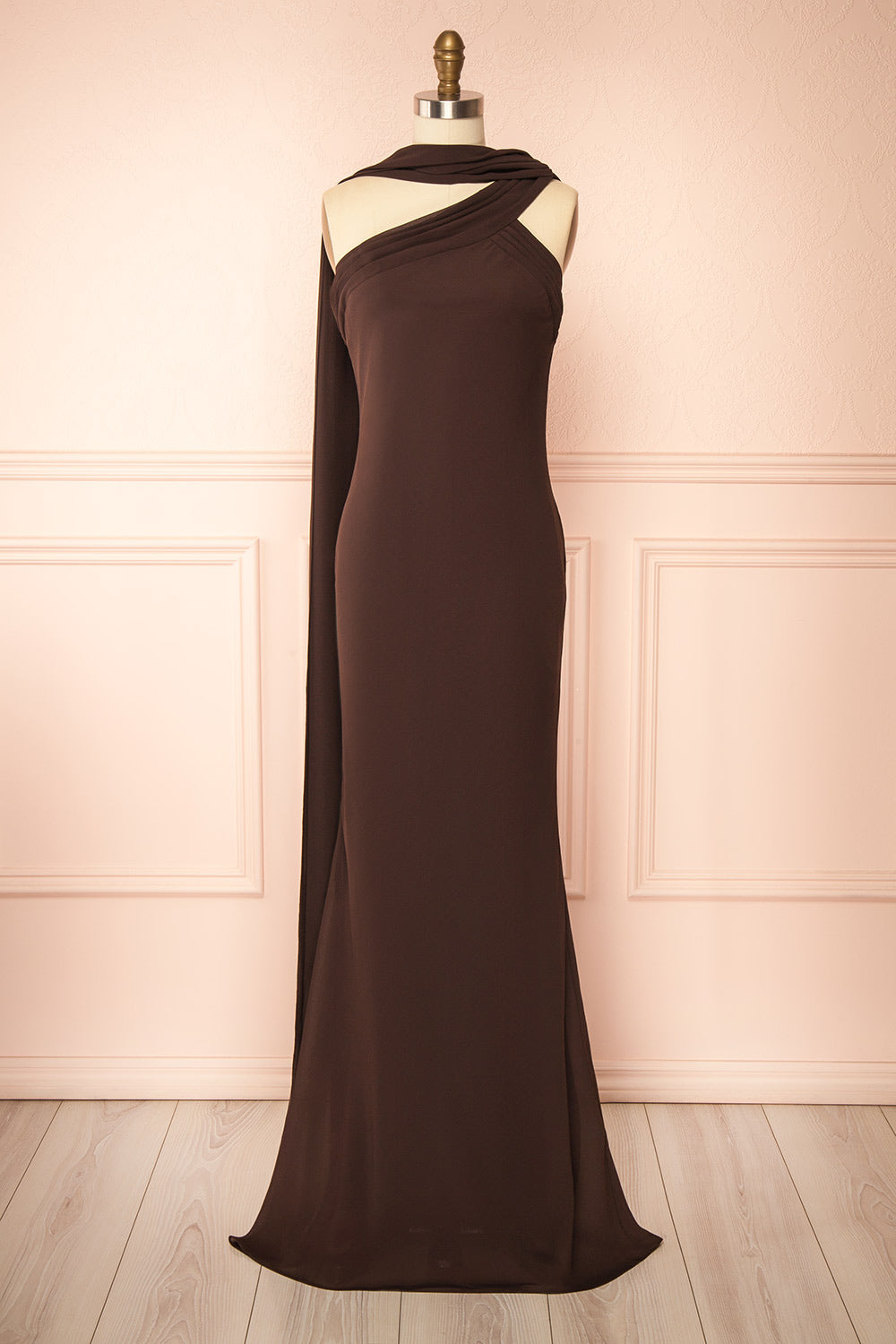Makarim Maxi Brown One Shoulder Dress | Boutique 1861 front view