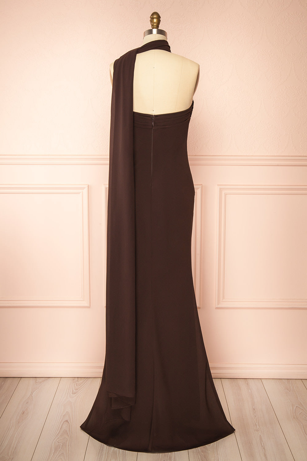 Makarim Maxi Brown One Shoulder Dress | Boutique 1861 back neck view
