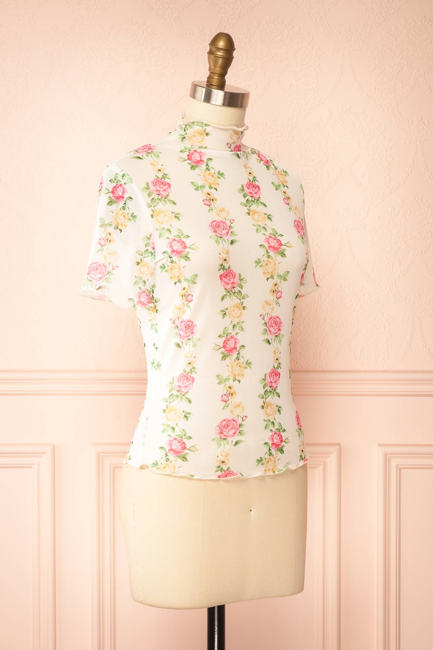 Malala | White Floral Sheer Mesh Mock Neck Top