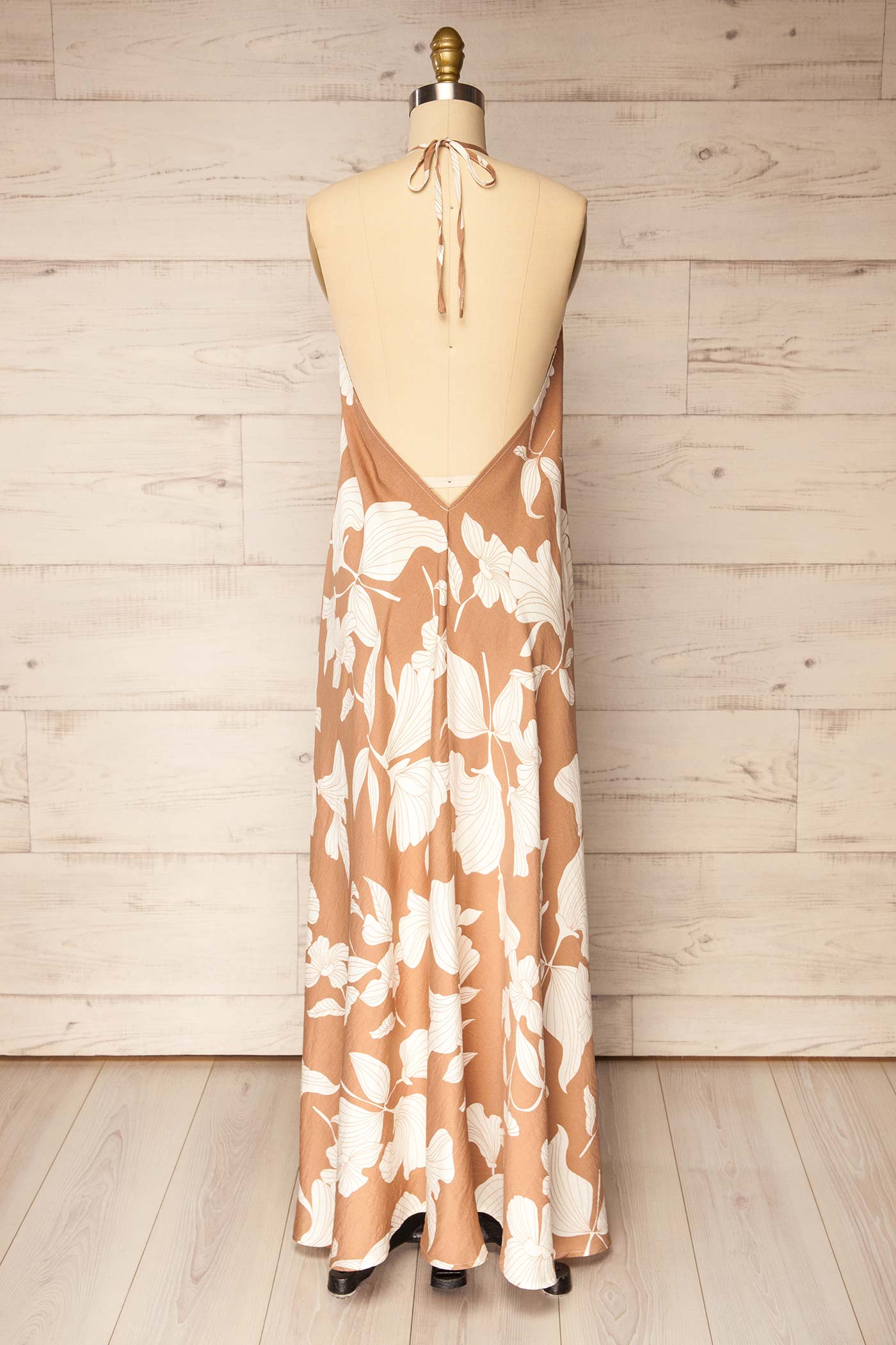 Mandla Beige Halter Open Back Maxi Dress with White Floral Print | La petite garçonne back