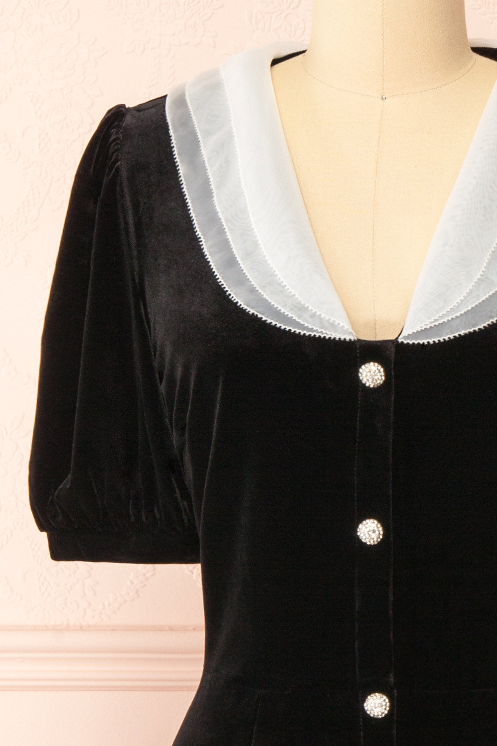 Mandy Short Black Velvet Dress w/ Peter Pan Collar | Boutique 1861 front close-up