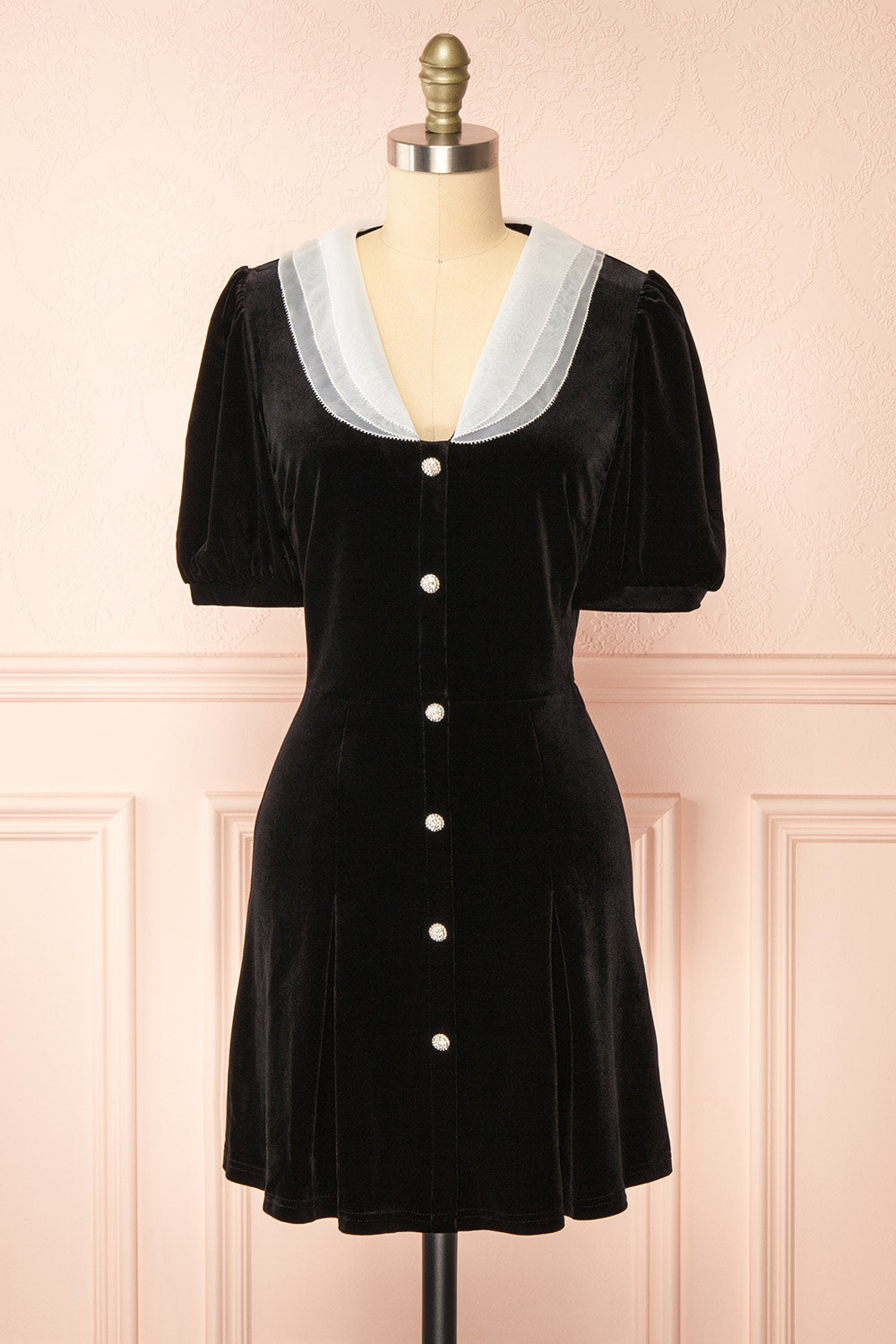 Mandy Short Black Velvet Dress w/ Peter Pan Collar | Boutique 1861 front view