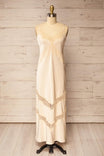 front view of Manikanis Beige Satin Midi Dress with Lace at La petite garçonne