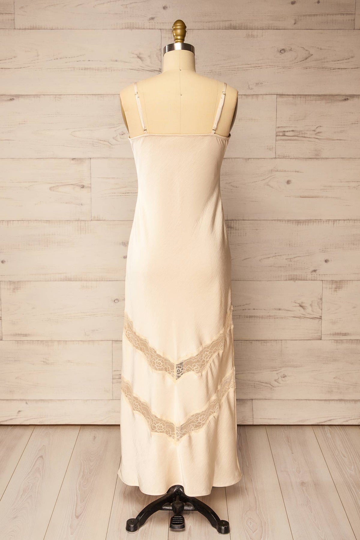back view of Manikanis Beige Satin Midi Dress with Lace at La petite garçonne