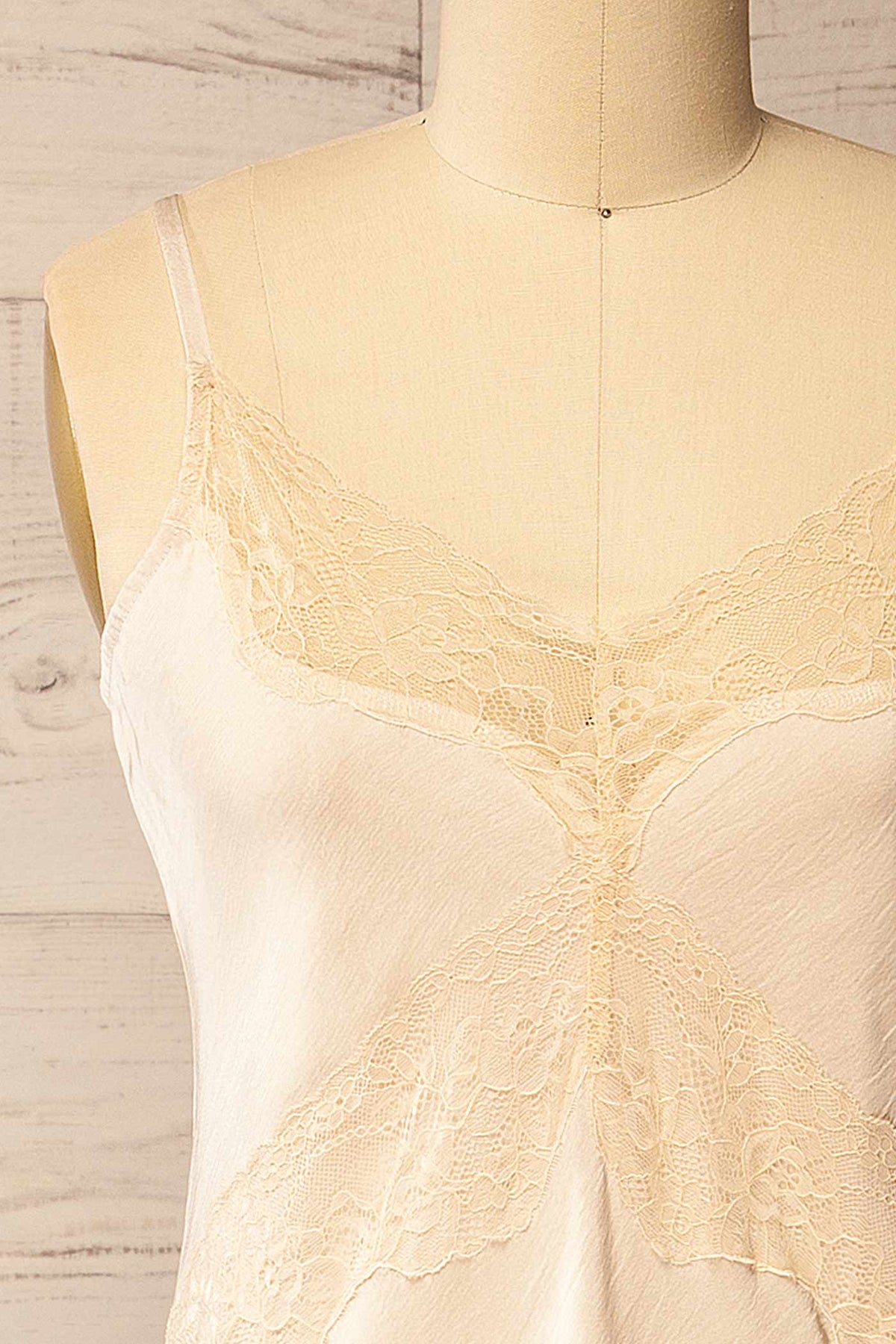 fabric view of Manikanis Beige Satin Midi Dress with Lace at La petite garçonne