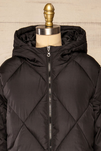 Manizales Black Long Quilted Coat | La petite garçonne front close-up