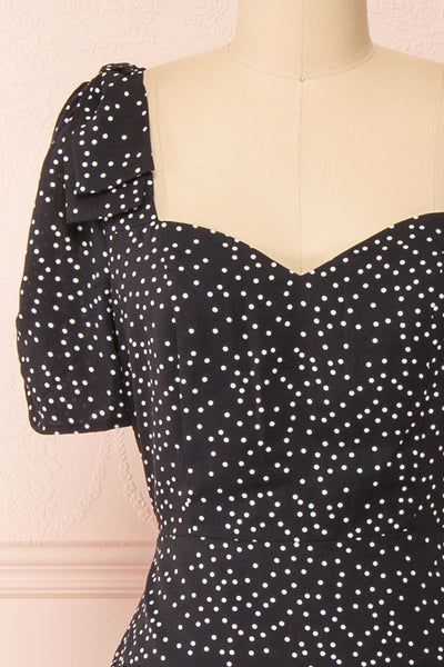 Marceline Black Polka Dot Midi Dress | Boutique 1861  front close-up