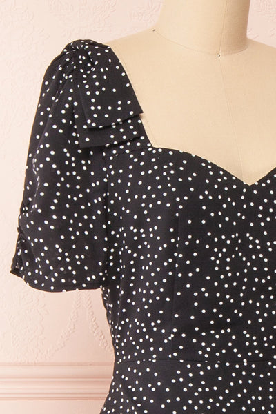 Marceline Black Polka Dot Midi Dress | Boutique 1861  side close-up