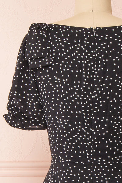 Marceline Black Polka Dot Midi Dress | Boutique 1861  back close-up