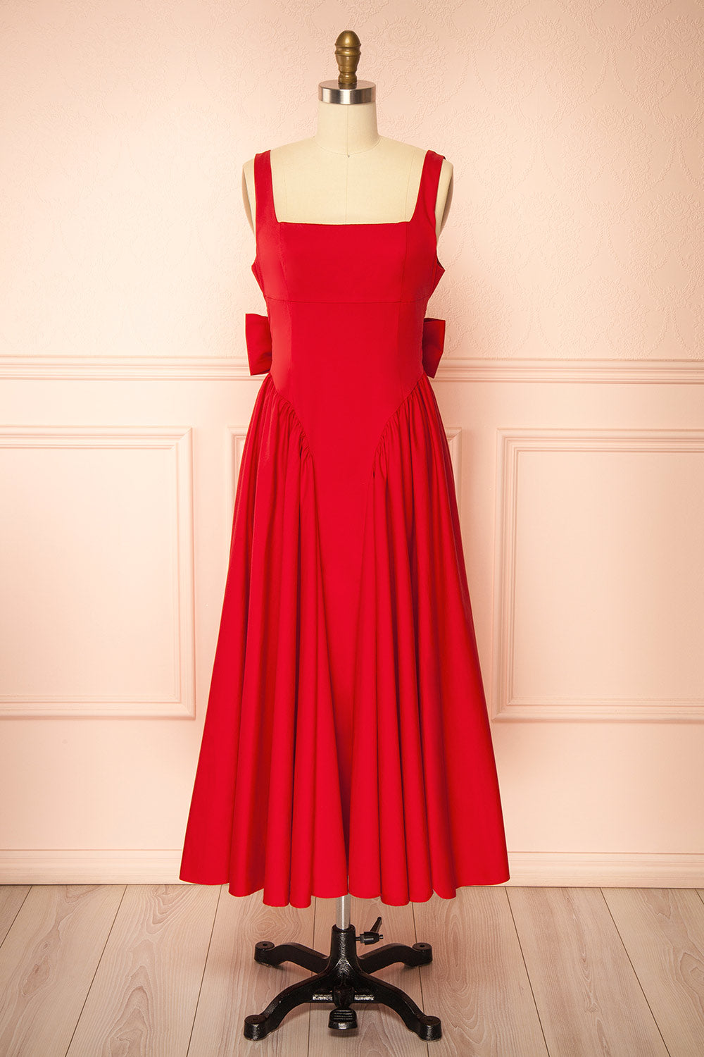 Mariah A-Line Midi Red Dress with Ribbons at Back | Boutique 1861 front view