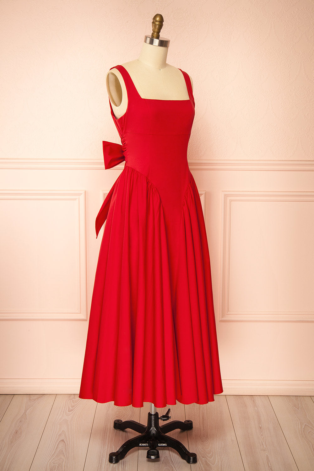 Mariah A-Line Midi Red Dress with Ribbons at Back | Boutique 1861 side view