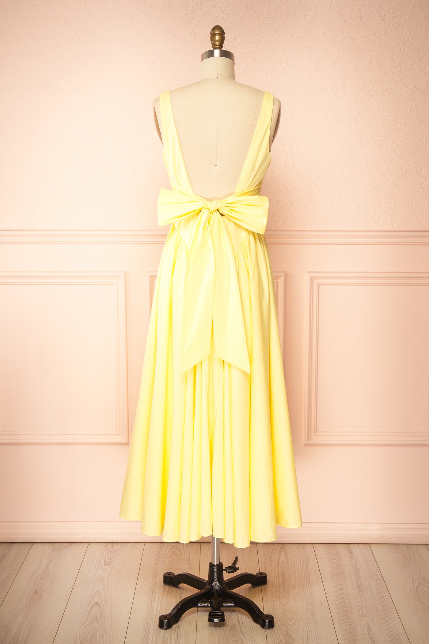 Mariah Yellow A-Line Midi Dress with Ribbons at Back