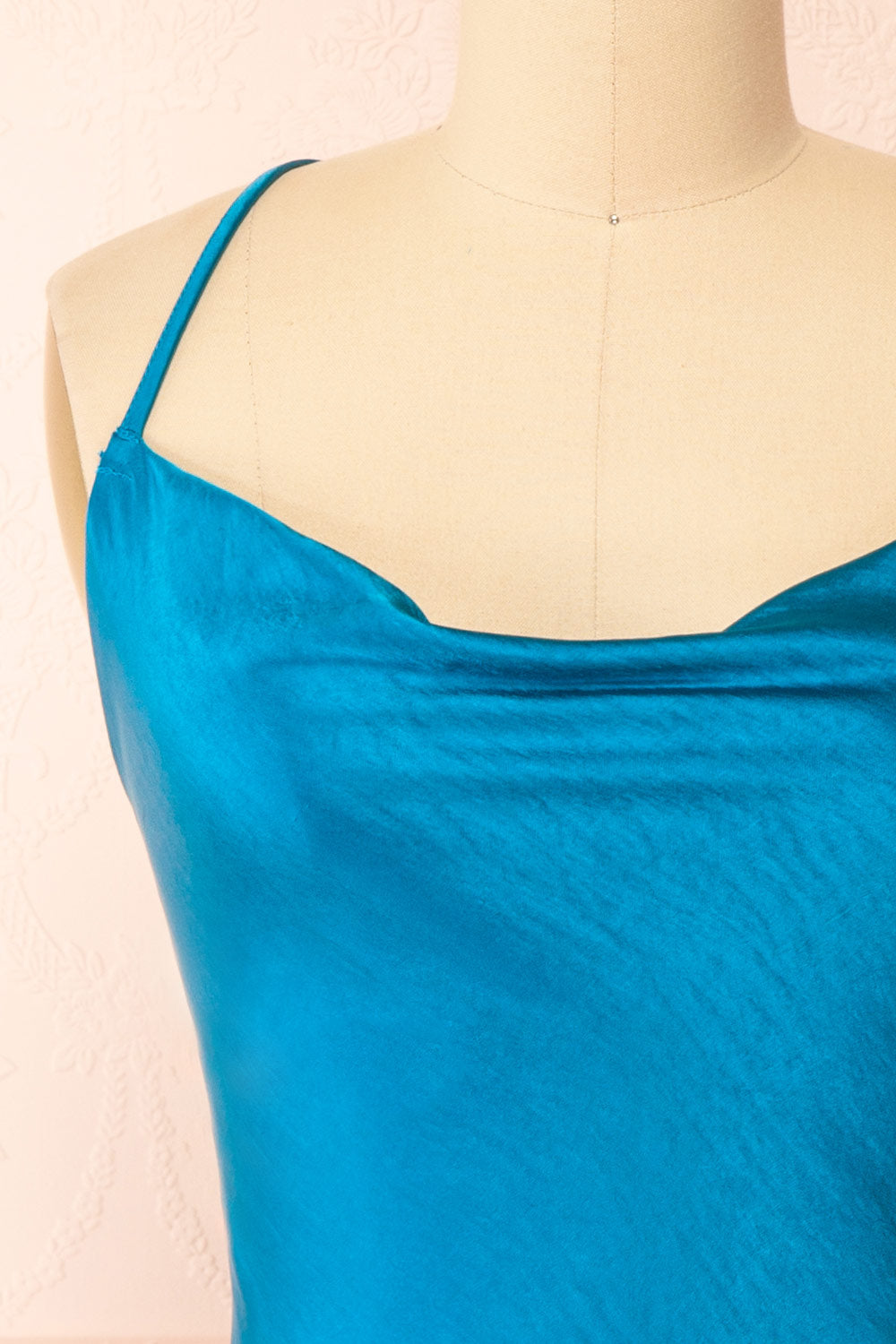 Mariam Short Blue Satin Dress w/ Open Back | Boutique 1861  front