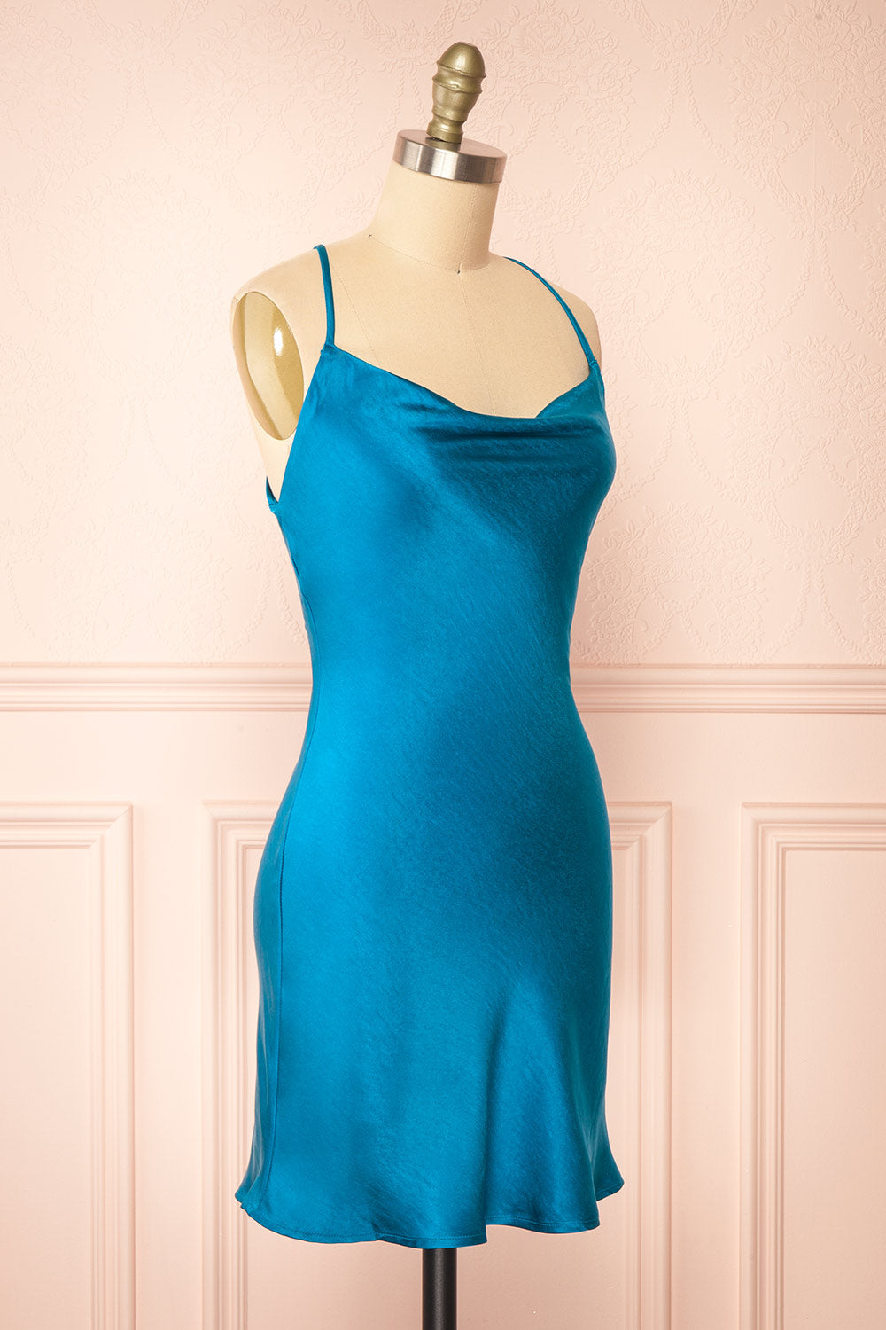 Mariam Short Blue Satin Dress w/ Open Back | Boutique 1861  side view