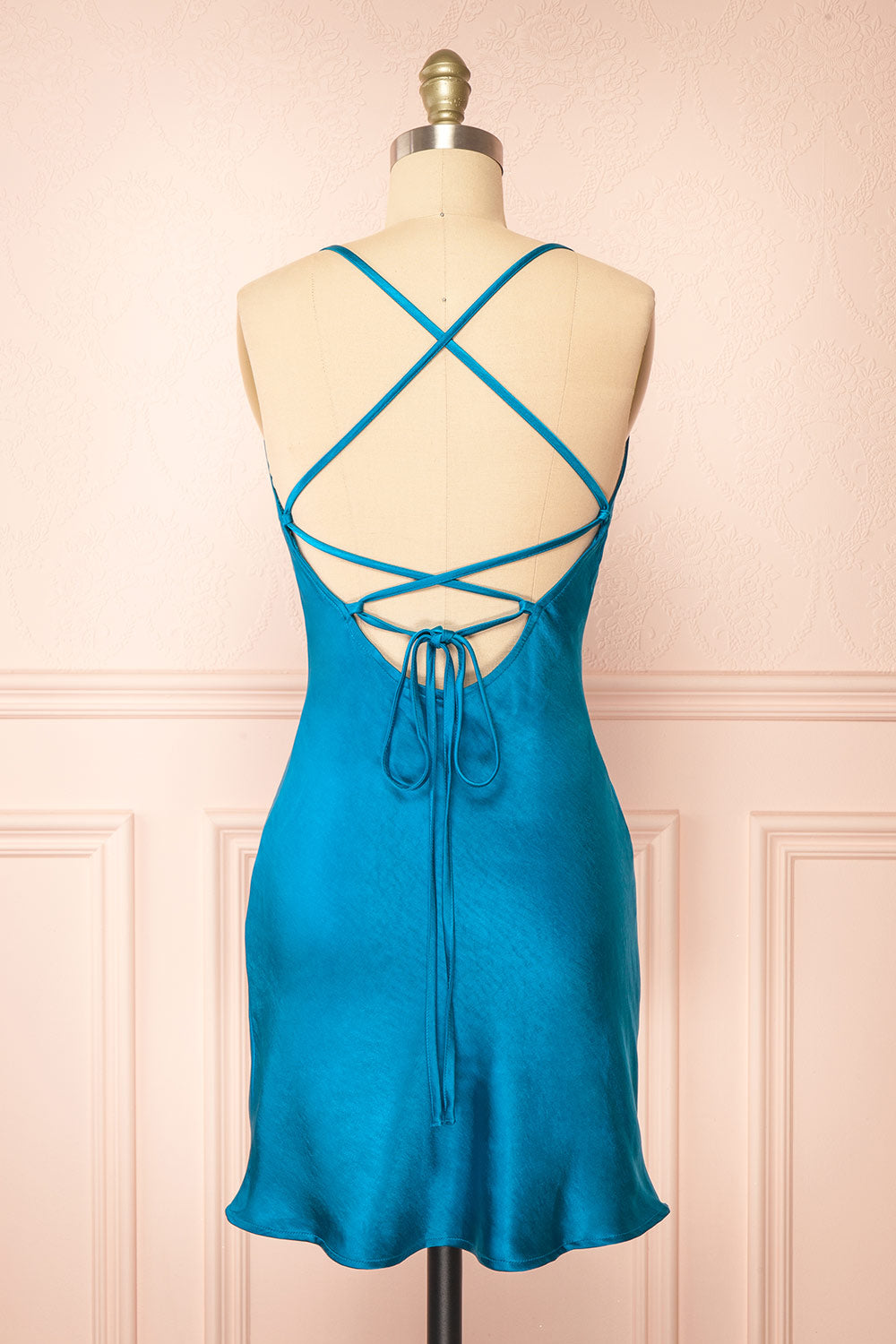Mariam Short Blue Satin Dress w/ Open Back | Boutique 1861  back view