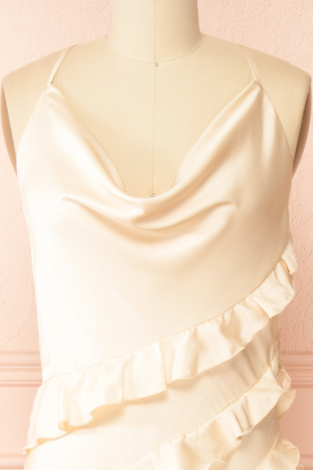 Marieme Beige Satin Dress with Ruffles | Boutique 1861 front