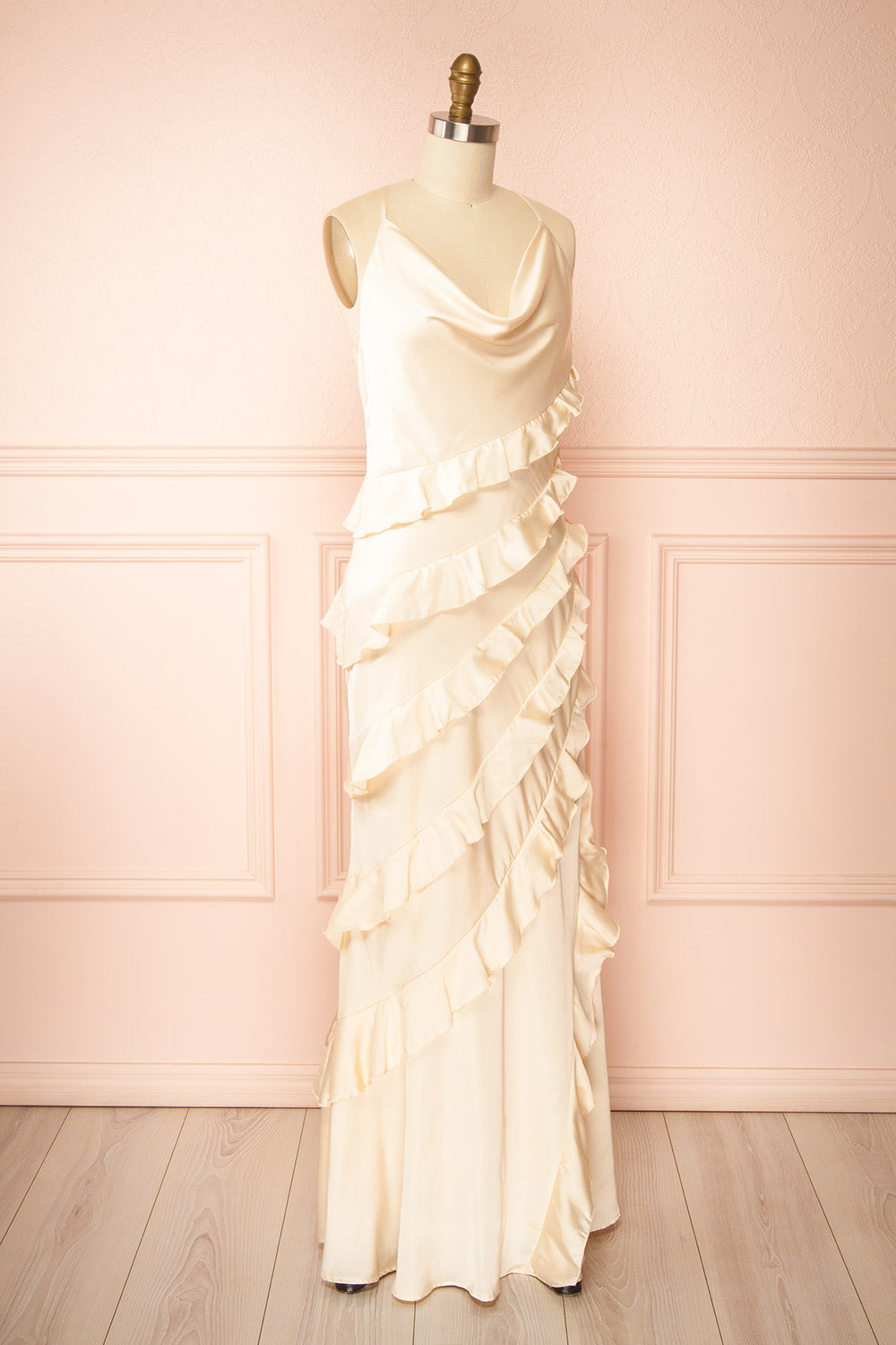 Marieme Beige Satin Dress with Ruffles | Boutique 1861 side view