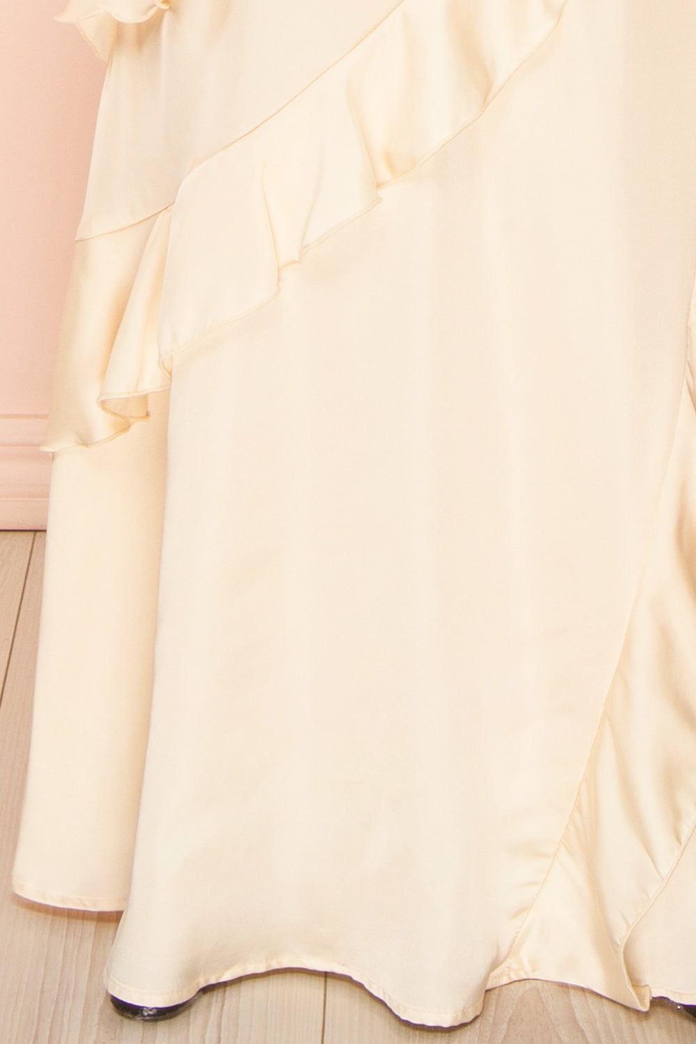 Marieme Beige Satin Dress with Ruffles | Boutique 1861 bottom 