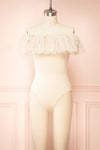 Marinel Beige Ribbed Bodysuit w/ Dotted Tulle | Boutique 1861 front view